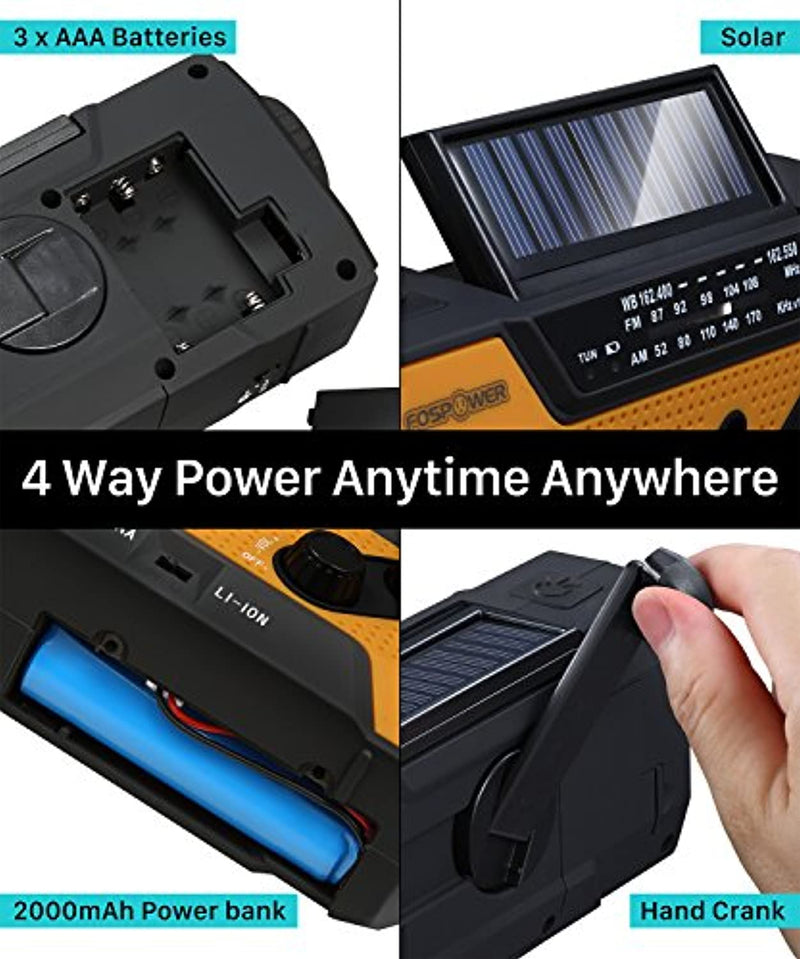 Emergency Solar Hand Crank Portable Radio Household Outdoor Emergency with AM/FM, LED Flashlight, Lamp, 2000mAh Power Bank USB Charger, SOS Alarm