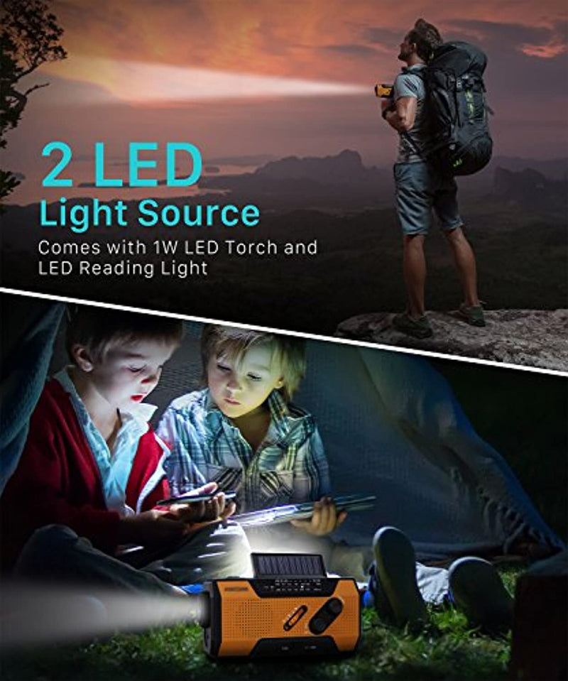 Emergency Solar Hand Crank Portable Radio Household Outdoor Emergency with AM/FM, LED Flashlight, Lamp, 2000mAh Power Bank USB Charger, SOS Alarm