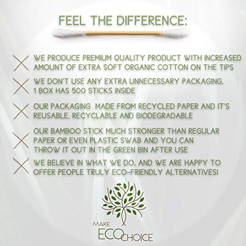 Premium Organic 500 Bamboo Cotton Swabs, Compostable Zero Waste Disposable Eco Friendly, 2 packs