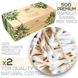 Premium Organic 500 Bamboo Cotton Swabs, Compostable Zero Waste Disposable Eco Friendly, 2 packs