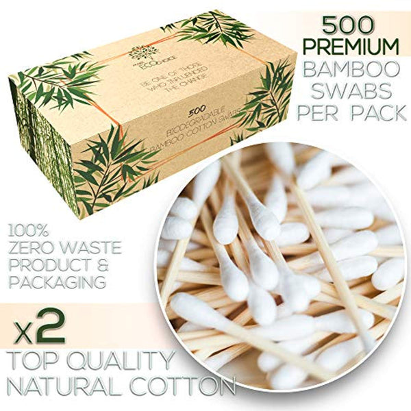 Premium Organic 500 Bamboo Cotton Swabs, Compostable Zero Waste Disposable Eco Friendly, 2 packs