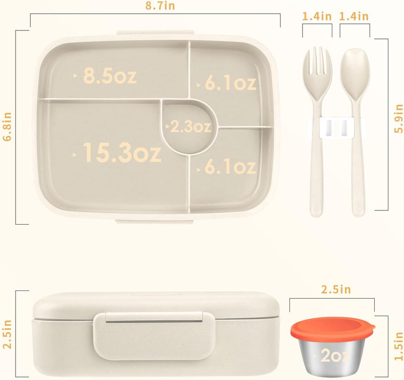 Bento Box - Eco Friendly, Leakproof Lunch Box, Five Compartment, Wheat Fiber Bento Box for Kids and Adults, Microwave and Freezer Friendly