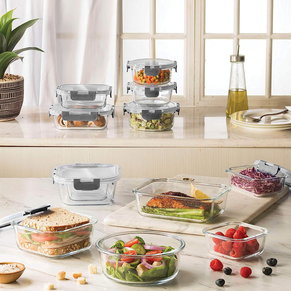 24-Piece Superior Glass Food Storage Container Set - Newly Innovated Hinged BPA-free Locking lids - 100% Leakproof
